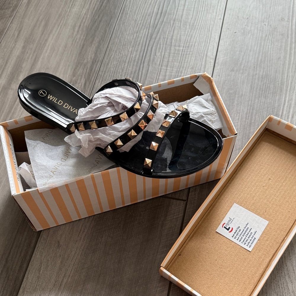 Wild Diva Black and Gold Studded Sandals